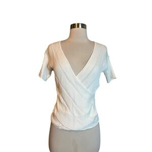 Jonathan Simkhai Ribbed Knit Top Medium White Short Sleeve V Neck